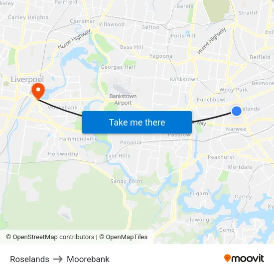 Roselands to Moorebank map