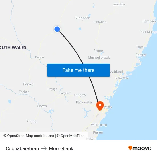 Coonabarabran to Moorebank map