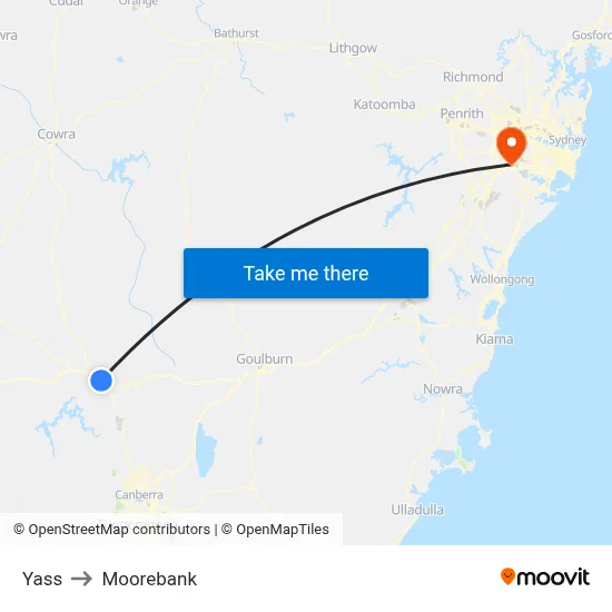 Yass to Moorebank map