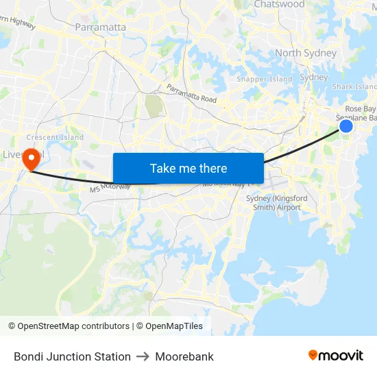 Bondi Junction Station to Moorebank map