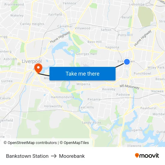Bankstown Station to Moorebank map