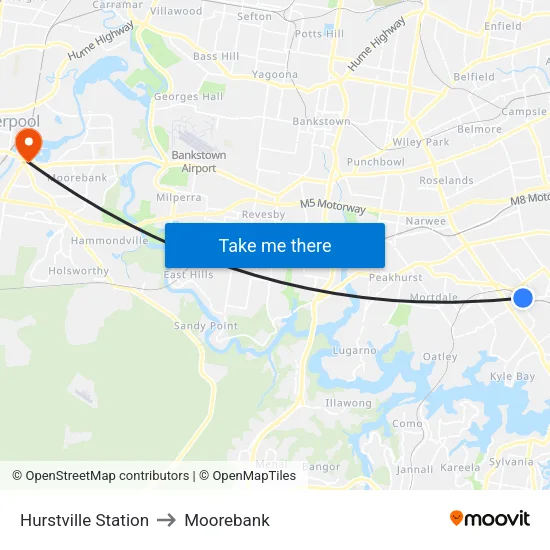 Hurstville Station to Moorebank map