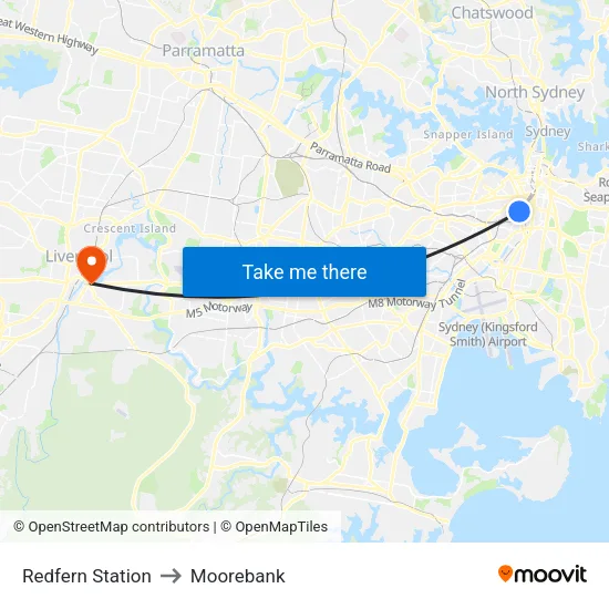 Redfern Station to Moorebank map