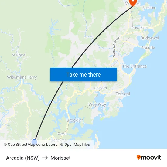 Arcadia (NSW) to Morisset map