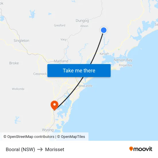 Booral (NSW) to Morisset map