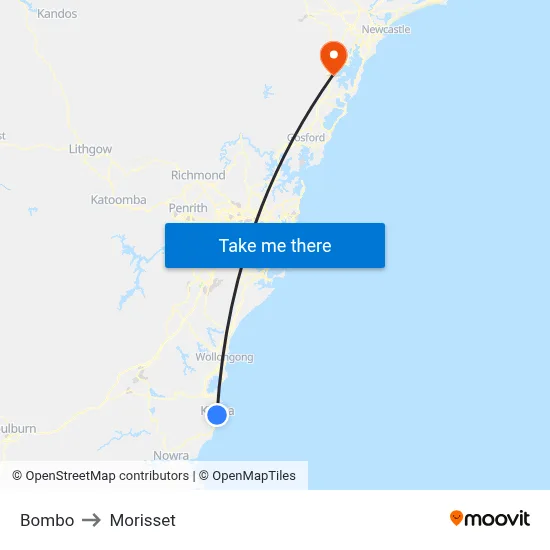 Bombo to Morisset map