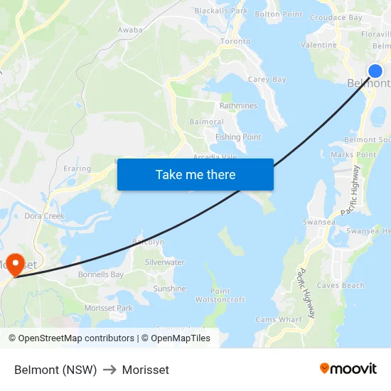 Belmont (NSW) to Morisset map