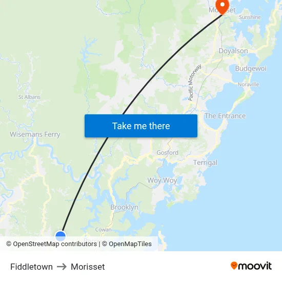 Fiddletown to Morisset map