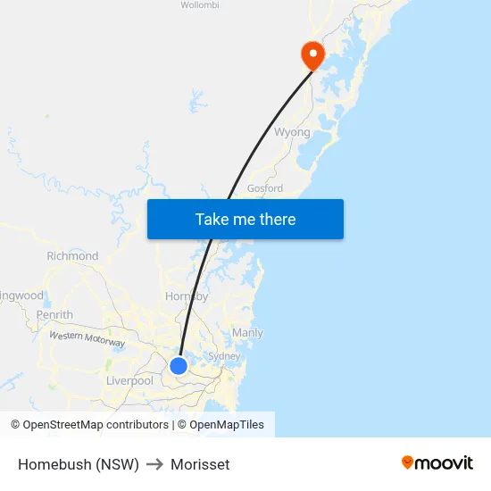 Homebush (NSW) to Morisset map