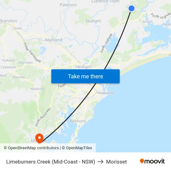 Limeburners Creek (Mid-Coast - NSW) to Morisset map