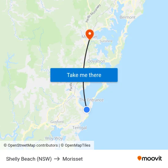 Shelly Beach (NSW) to Morisset map