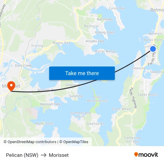 Pelican (NSW) to Morisset map