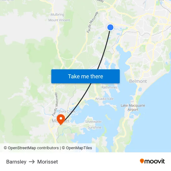 Barnsley to Morisset map