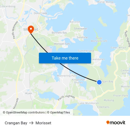Crangan Bay to Morisset map