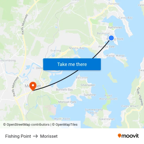 Fishing Point to Morisset map