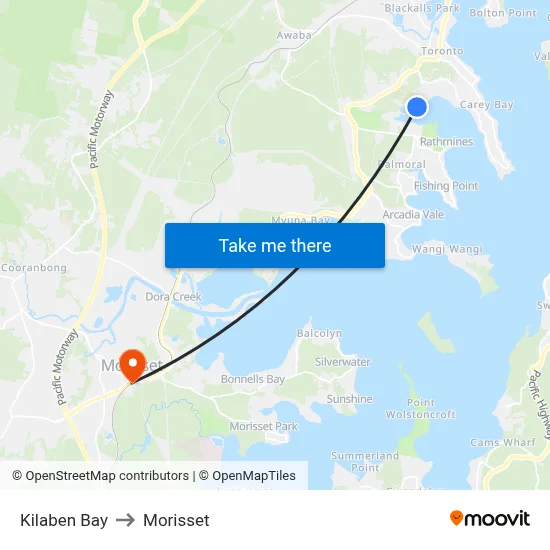 Kilaben Bay to Morisset map