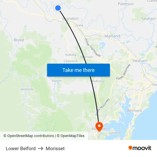 Lower Belford to Morisset map