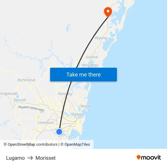 Lugarno to Morisset map