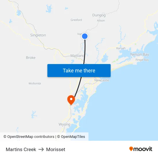 Martins Creek to Morisset map