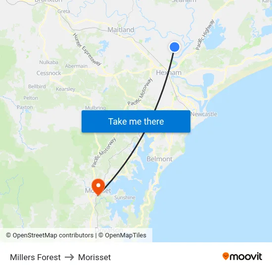Millers Forest to Morisset map
