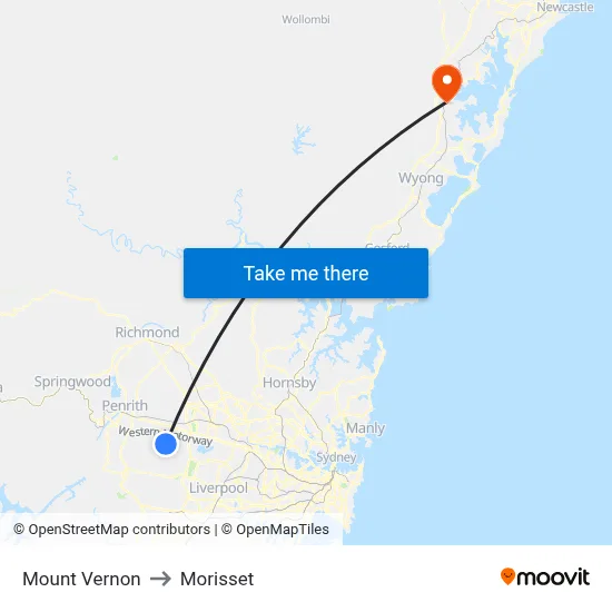 Mount Vernon to Morisset map