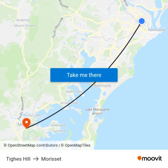 Tighes Hill to Morisset map