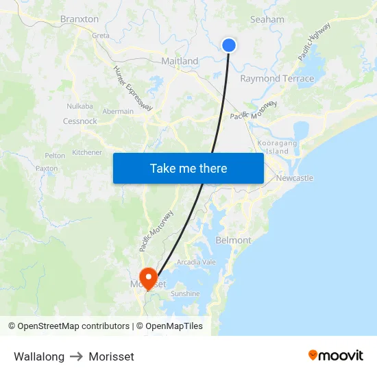 Wallalong to Morisset map