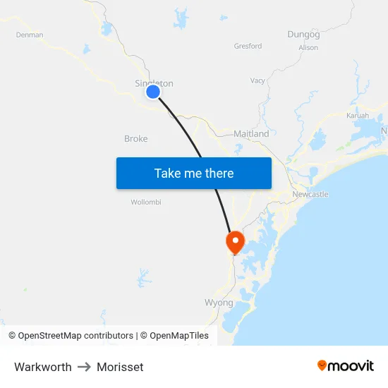 Warkworth to Morisset map