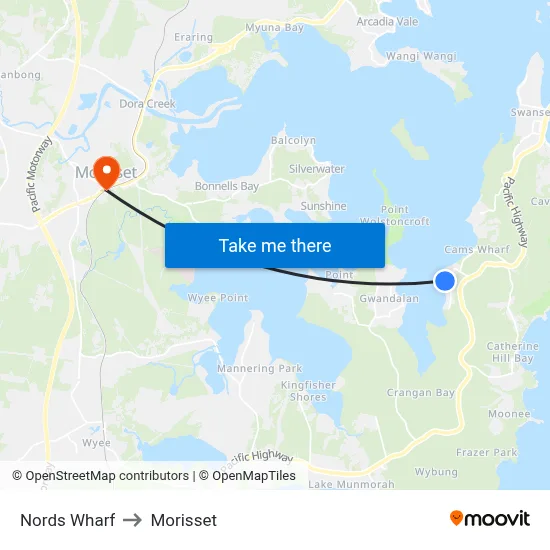 Nords Wharf to Morisset map