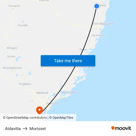 Aldavilla to Morisset map