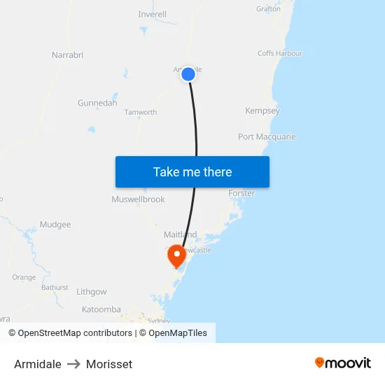 Armidale to Morisset map