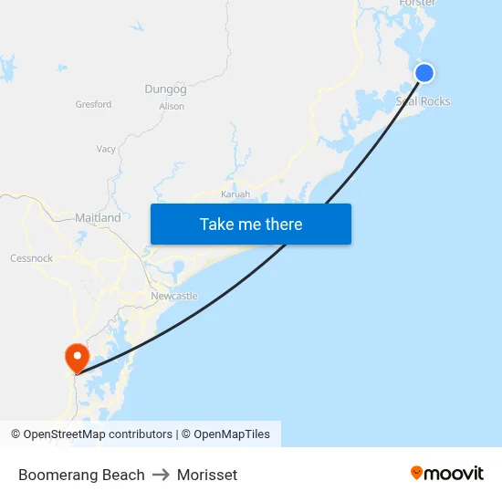 Boomerang Beach to Morisset map