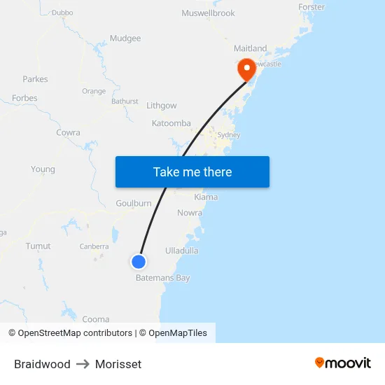 Braidwood to Morisset map