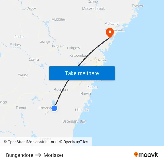 Bungendore to Morisset map