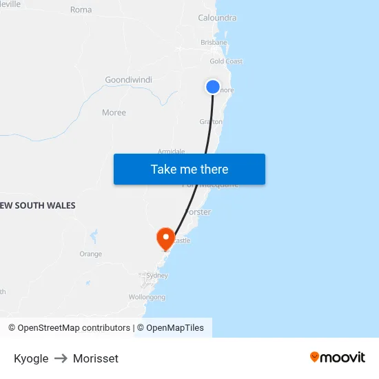 Kyogle to Morisset map