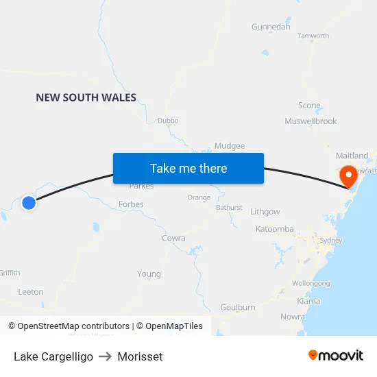 Lake Cargelligo to Morisset map