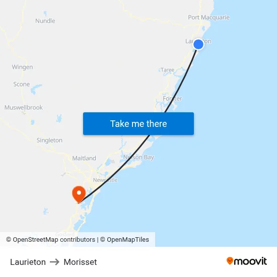 Laurieton to Morisset map