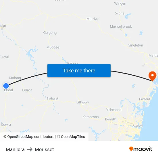 Manildra to Morisset map