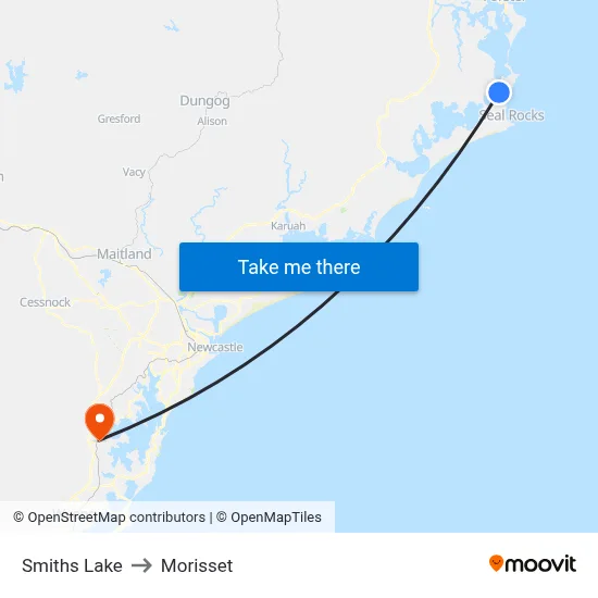 Smiths Lake to Morisset map