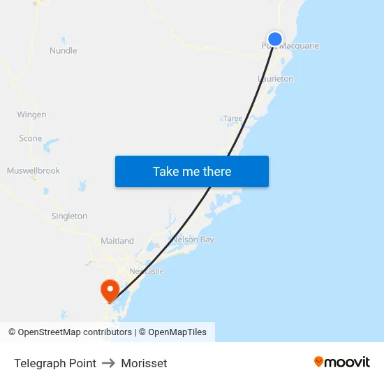 Telegraph Point to Morisset map