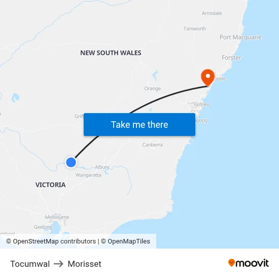 Tocumwal to Morisset map