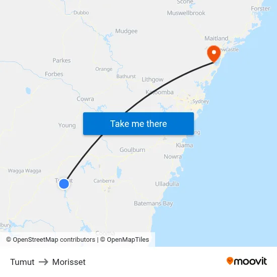 Tumut to Morisset map