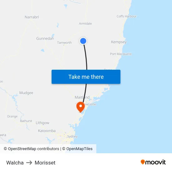 Walcha to Morisset map