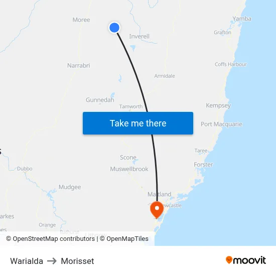 Warialda to Morisset map