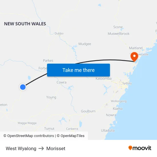 West Wyalong to Morisset map