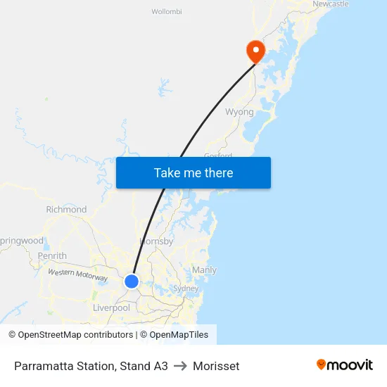 Parramatta Station, Stand A3 to Morisset map