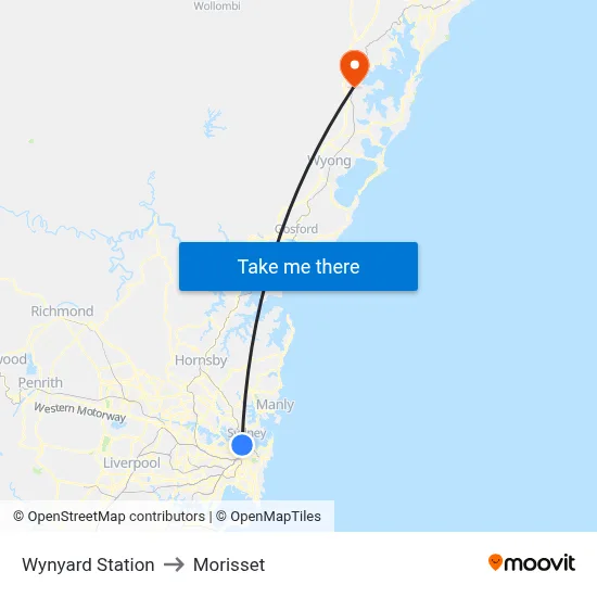 Wynyard Station to Morisset map