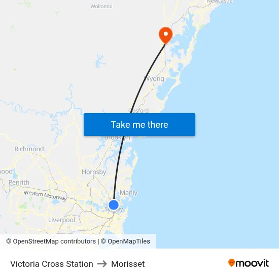 Victoria Cross Station to Morisset map