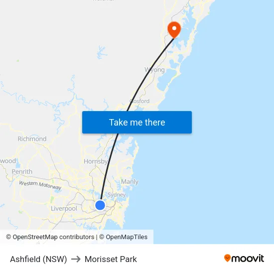 Ashfield (NSW) to Morisset Park map