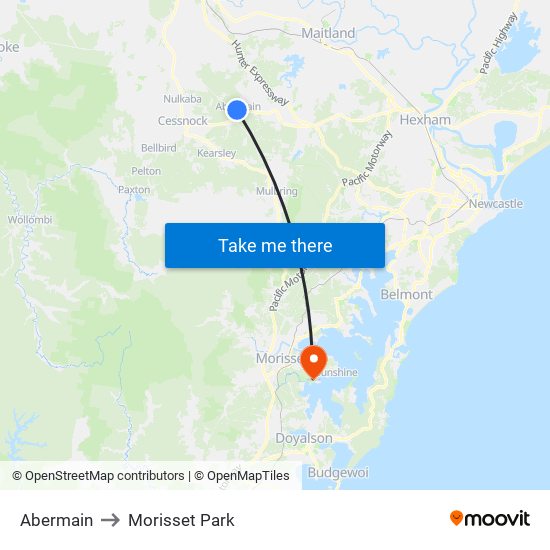 Abermain to Morisset Park map